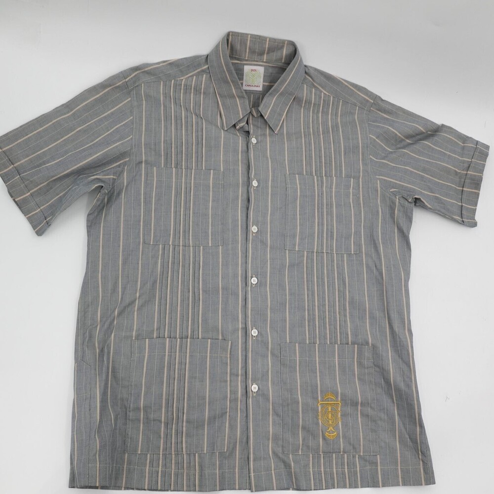 Dos Carolinas Casual Button-Down Shirt Mens Gray Striped Guayabera 100% Cotton